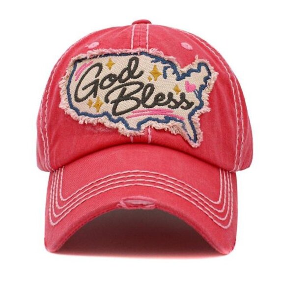 Womens God Bless America Vintage Ballcap Baseball Cap Hat in Distressed Red - Picture 1 of 2